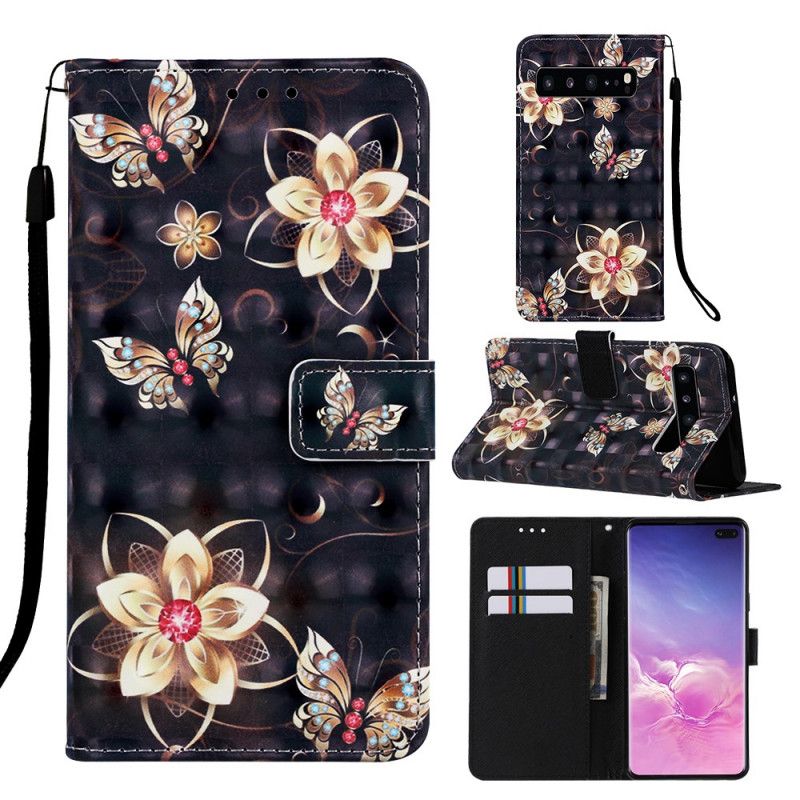 Leren Hoesje Samsung Galaxy S10 5G Telefoonhoesje Gouden Bloemen