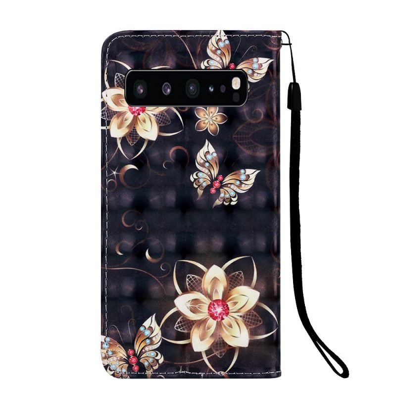 Leren Hoesje Samsung Galaxy S10 5G Telefoonhoesje Gouden Bloemen