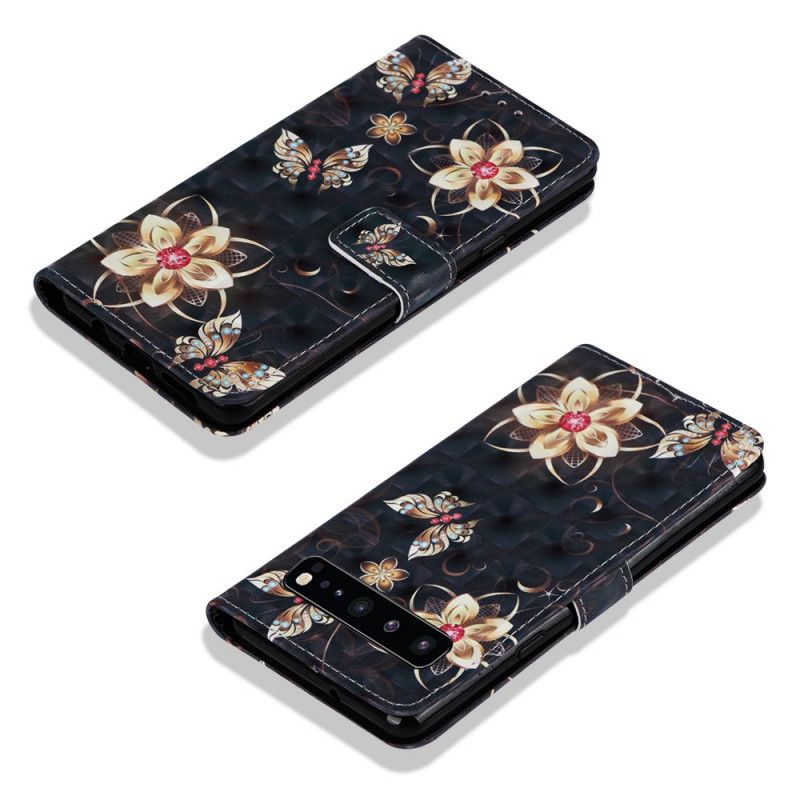 Leren Hoesje Samsung Galaxy S10 5G Telefoonhoesje Gouden Bloemen