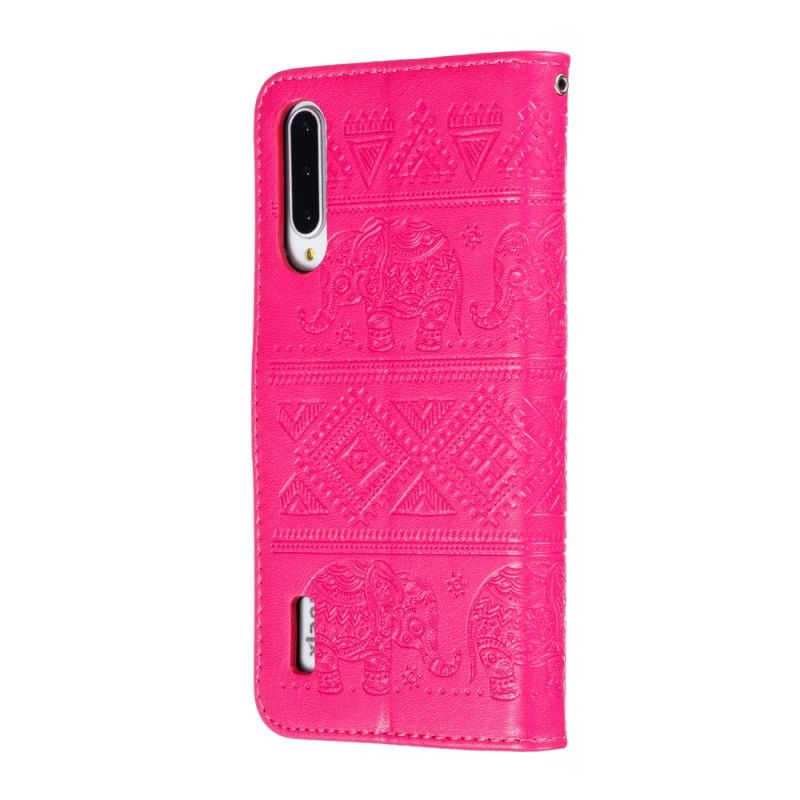 Leren Hoesje Xiaomi Mi A3 Donkerblauw Magenta Kunstleer Tribale Olifanten