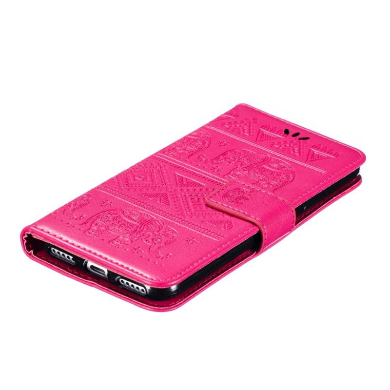 Leren Hoesje Xiaomi Mi A3 Donkerblauw Magenta Kunstleer Tribale Olifanten