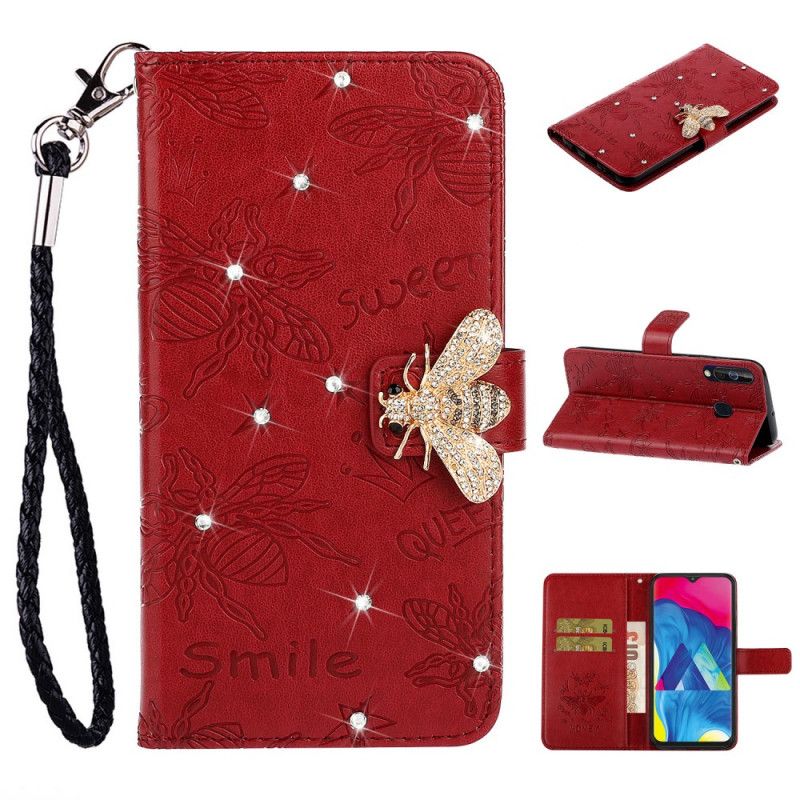 Cover Folio-hoesje Samsung Galaxy A20s Goud Rood Telefoonhoesje Glimlach Bijen Charme