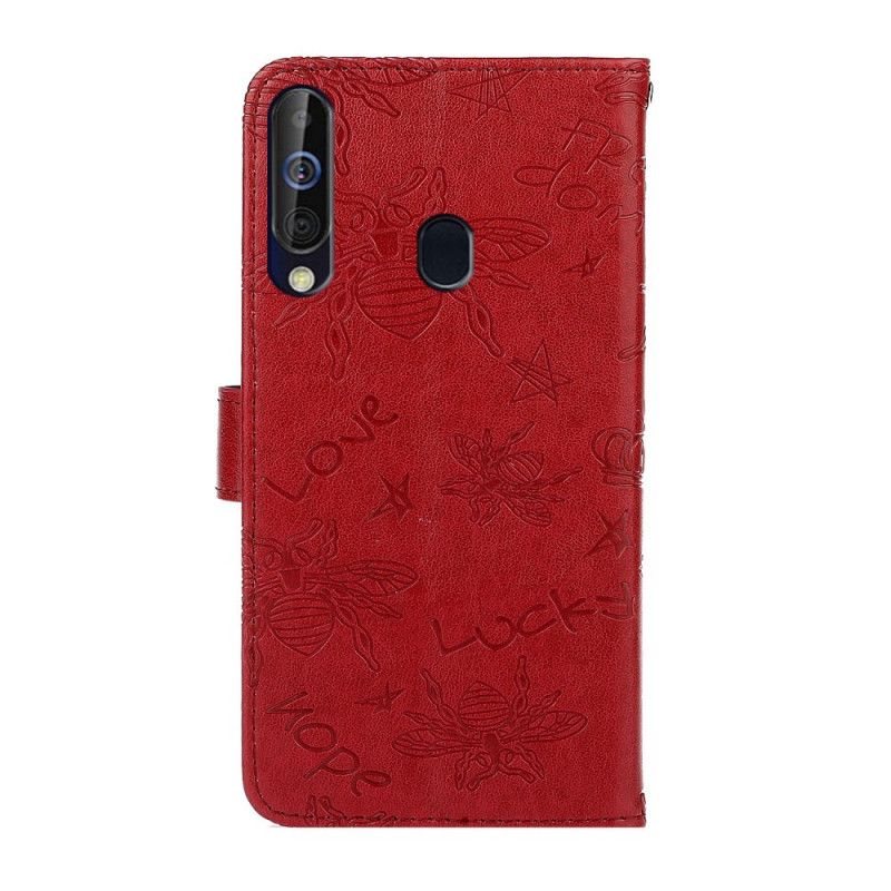 Cover Folio-hoesje Samsung Galaxy A20s Goud Rood Telefoonhoesje Glimlach Bijen Charme