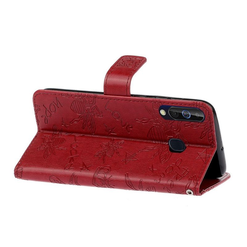 Cover Folio-hoesje Samsung Galaxy A20s Goud Rood Telefoonhoesje Glimlach Bijen Charme