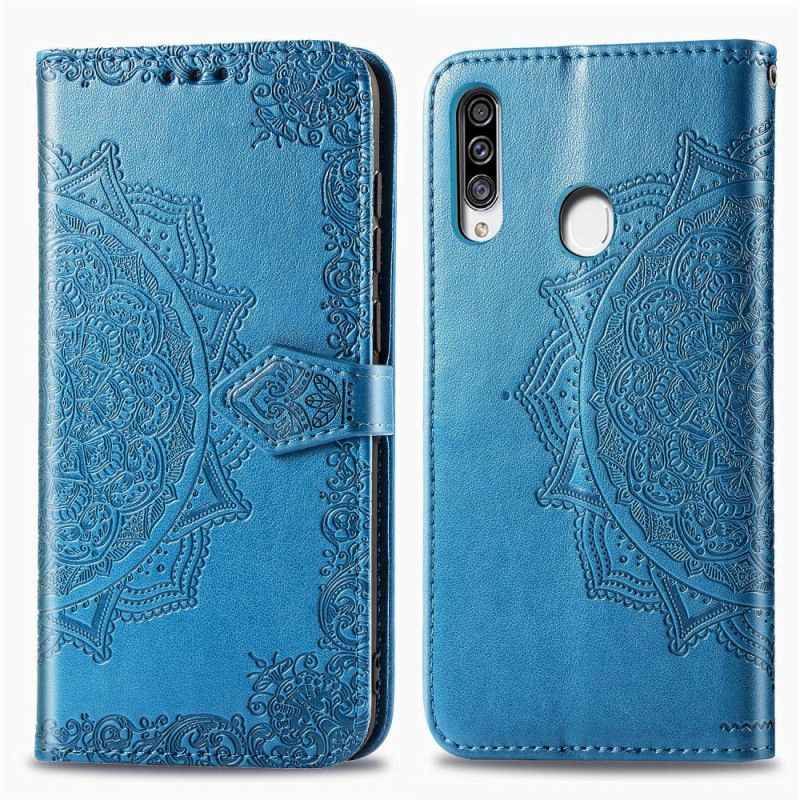 Flip Case Leren Samsung Galaxy A20s Grijs Zwart Mandala Van Middelbare Leeftijd