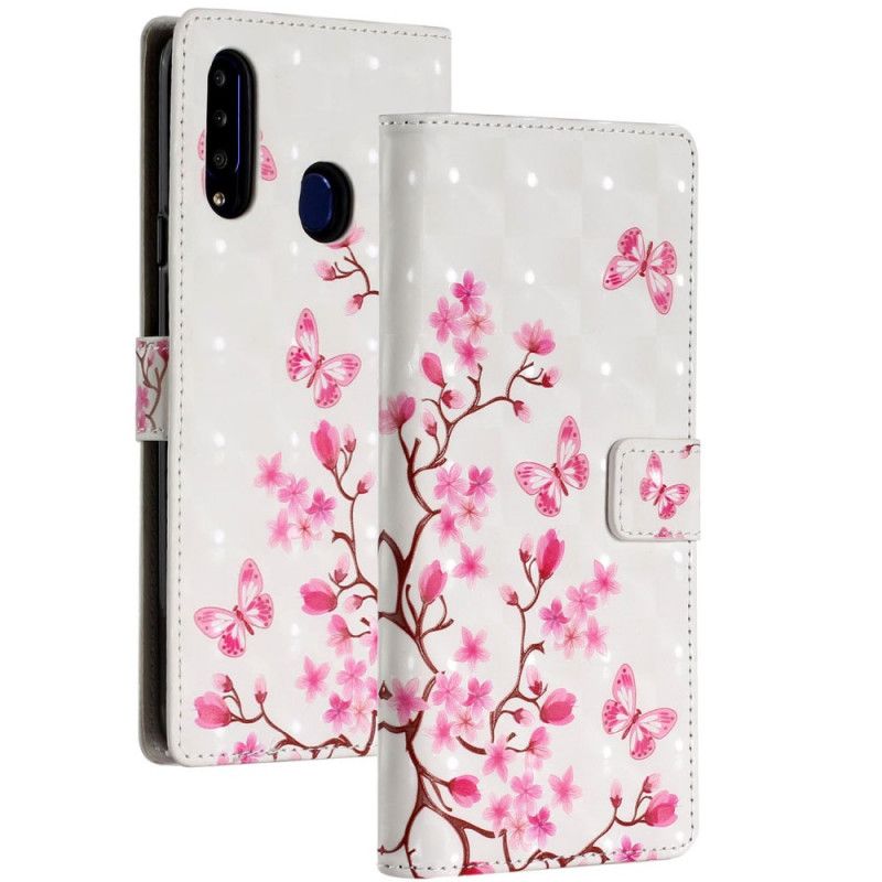 Leren Hoesje voor Samsung Galaxy A20s Roze Bloemen En Vlinders