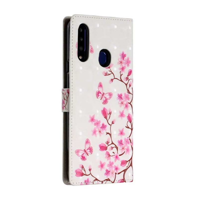 Leren Hoesje voor Samsung Galaxy A20s Roze Bloemen En Vlinders