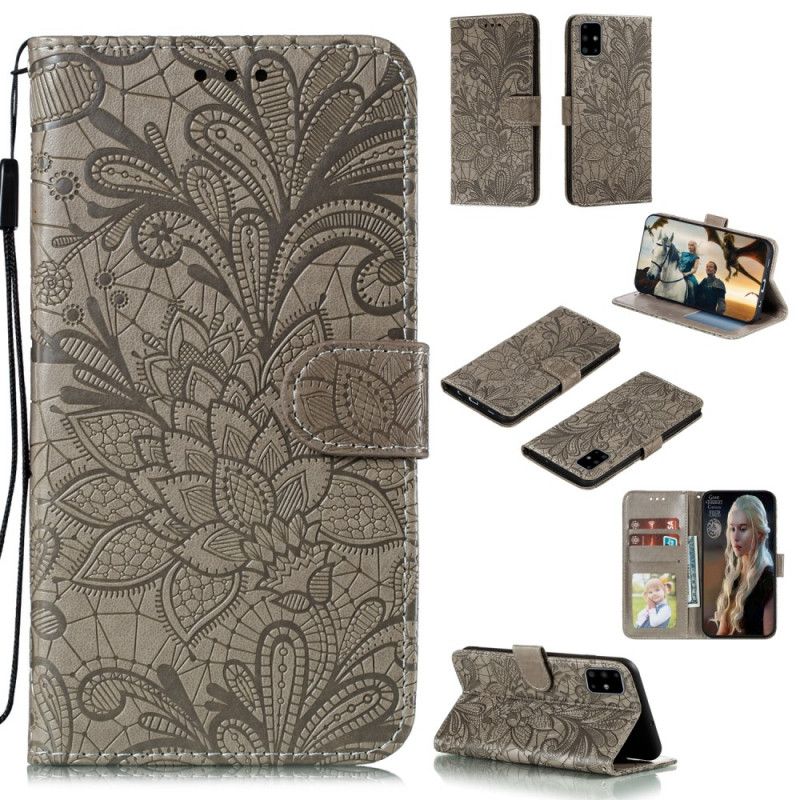 Cover Folio-hoesje Samsung Galaxy A51 Rood Grijs Telefoonhoesje Tribal String Bloemen