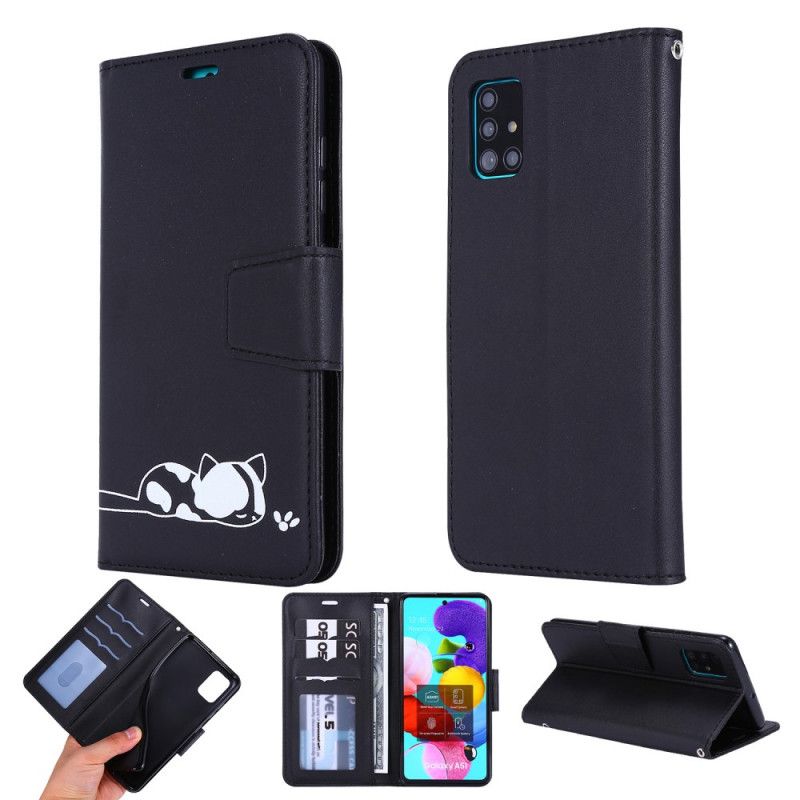 Cover Folio-hoesje Samsung Galaxy A51 Wit Zwart Telefoonhoesje Slapende Kat