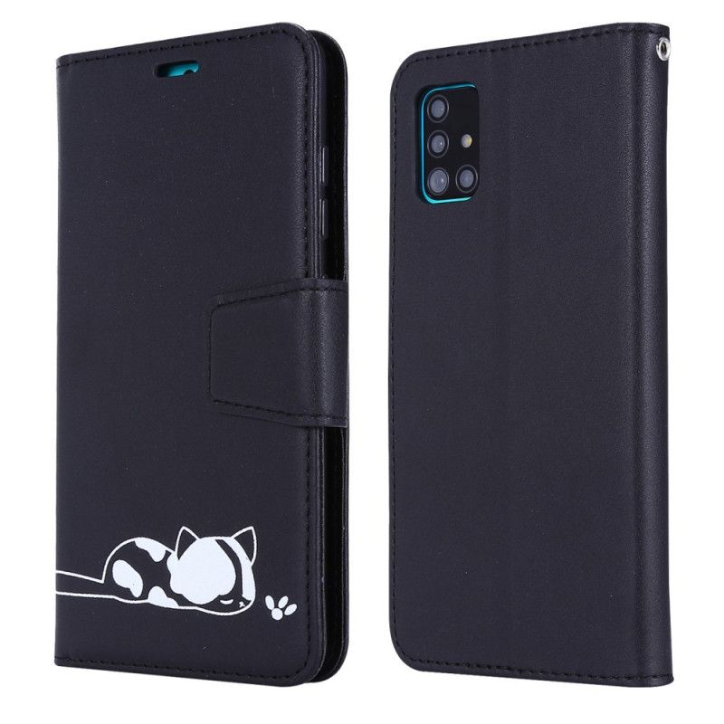 Cover Folio-hoesje Samsung Galaxy A51 Wit Zwart Telefoonhoesje Slapende Kat