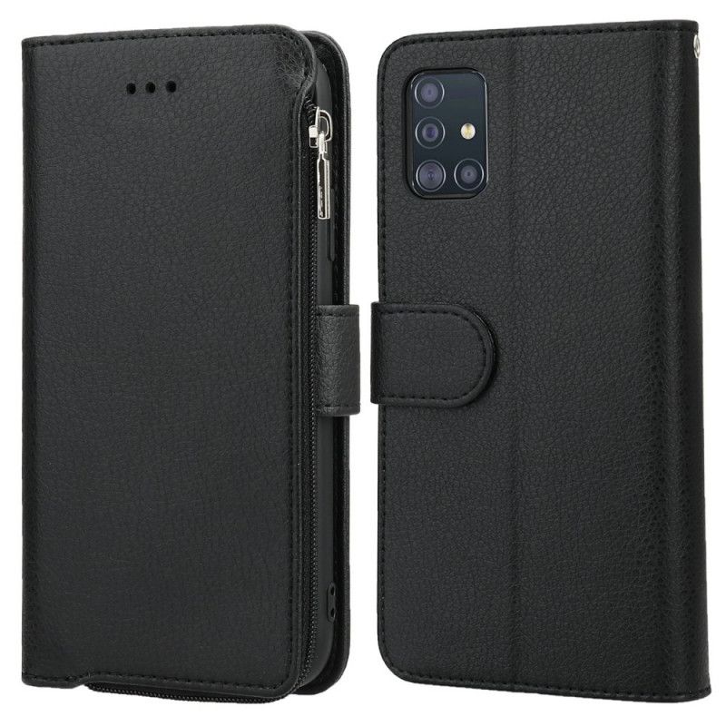 Flip Case Leren Samsung Galaxy A51 Cyaan Zwart Microvezelzakje In Leerstijl