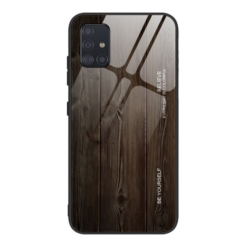 Hoesje Samsung Galaxy A51 Grijs Zwart Houtdessin Gehard Glas