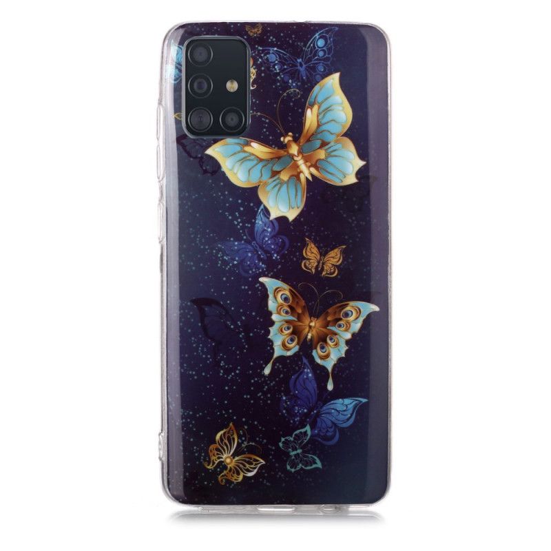 Hoesje Samsung Galaxy A51 Lichtblauw Donkerblauw Serie Fluorescerende Vlinder