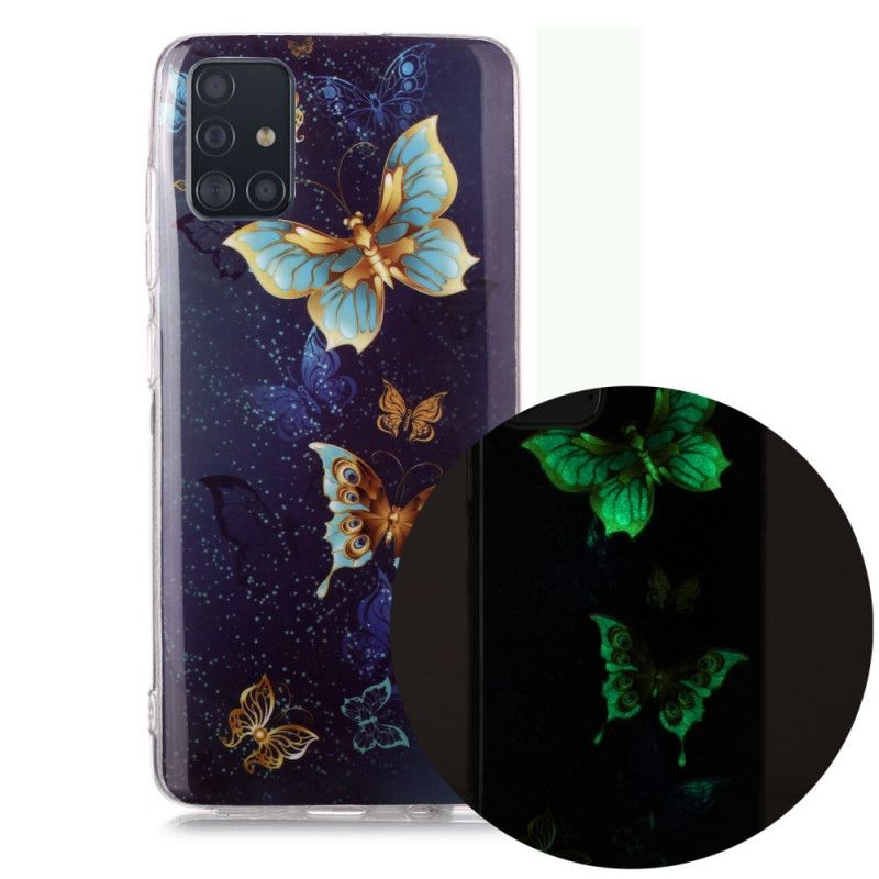 Hoesje Samsung Galaxy A51 Lichtblauw Donkerblauw Serie Fluorescerende Vlinder