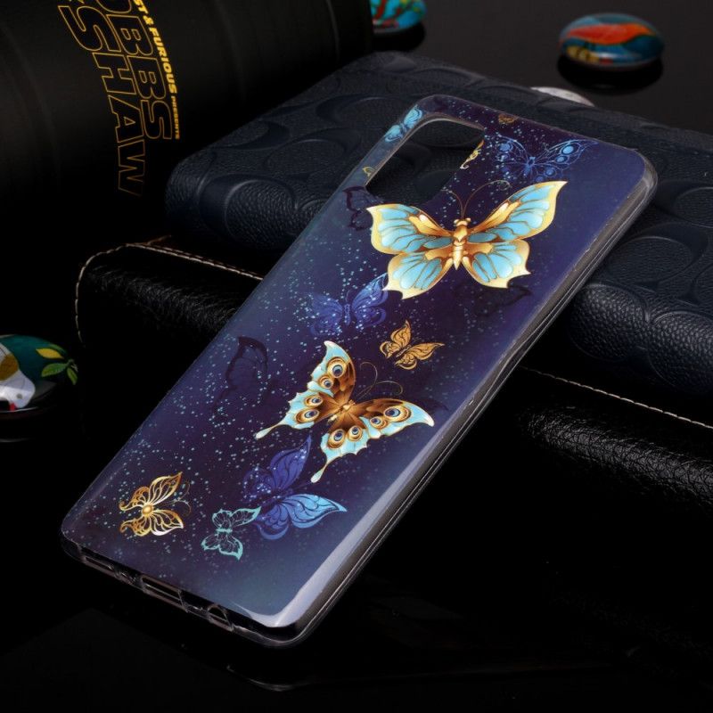 Hoesje Samsung Galaxy A51 Lichtblauw Donkerblauw Serie Fluorescerende Vlinder