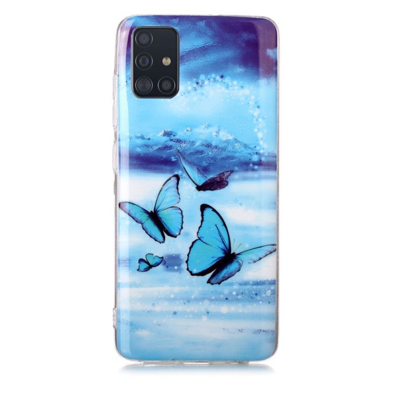 Hoesje Samsung Galaxy A51 Lichtblauw Donkerblauw Serie Fluorescerende Vlinder