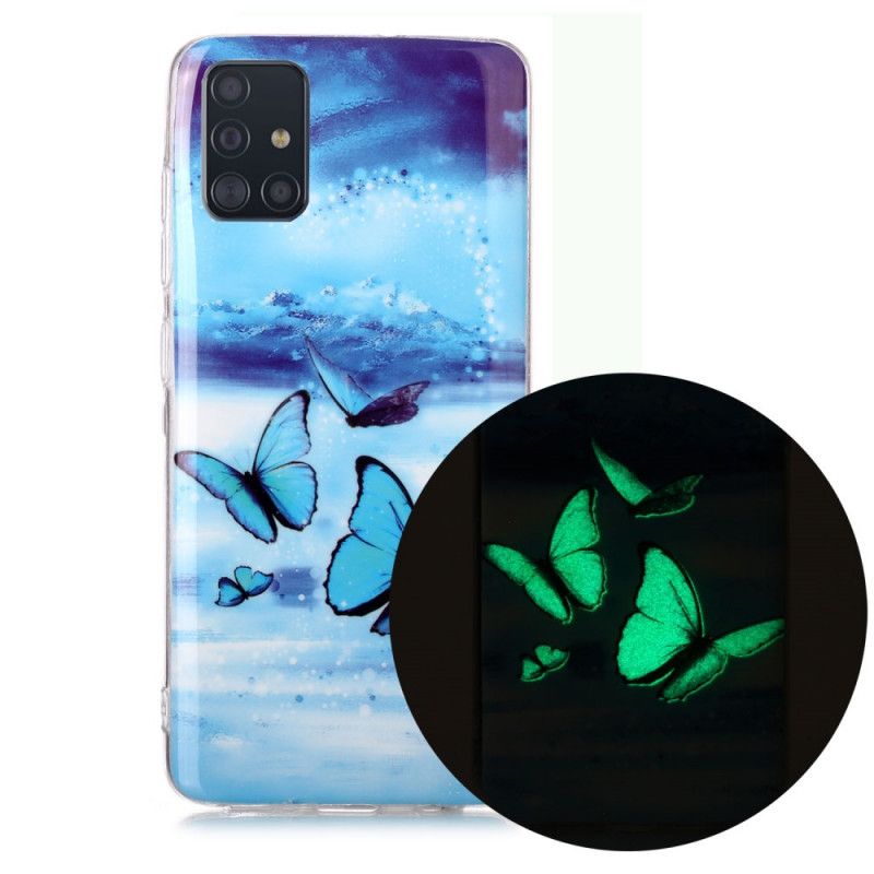 Hoesje Samsung Galaxy A51 Lichtblauw Donkerblauw Serie Fluorescerende Vlinder