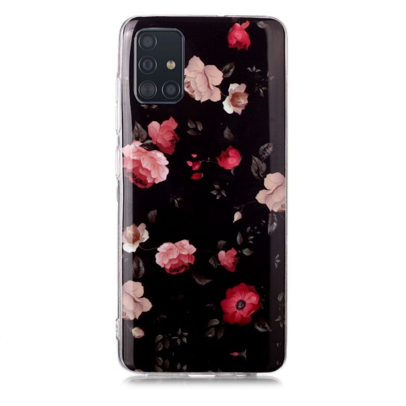 Hoesje voor Samsung Galaxy A51 Lichtblauw Zwart Fluorescerende Bloemenreeks