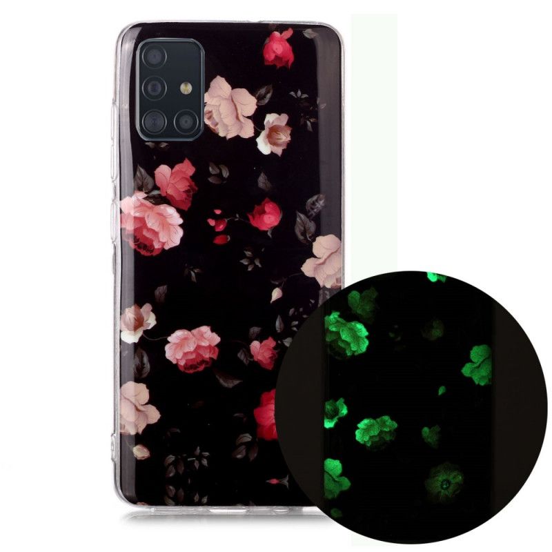 Hoesje voor Samsung Galaxy A51 Lichtblauw Zwart Fluorescerende Bloemenreeks