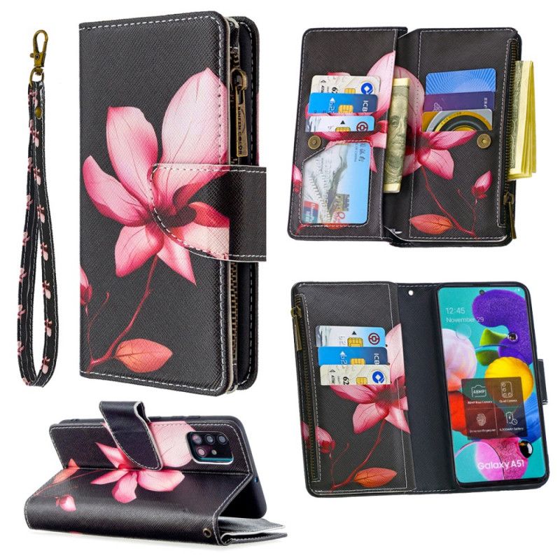 Leren Hoesje Samsung Galaxy A51 Wit Zwart Telefoonhoesje Bloemenzak Met Ritssluiting