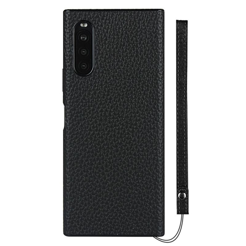 Case Hoesje Sony Xperia 10 II Grijs Zwart Telefoonhoesje Echt Lychee Leer Met Riempje