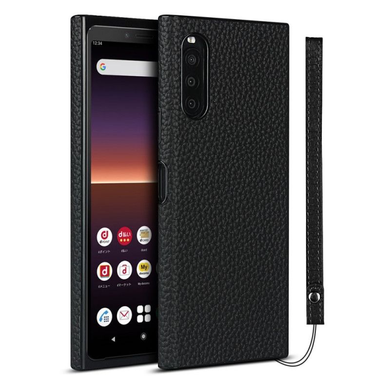 Case Hoesje Sony Xperia 10 II Grijs Zwart Telefoonhoesje Echt Lychee Leer Met Riempje