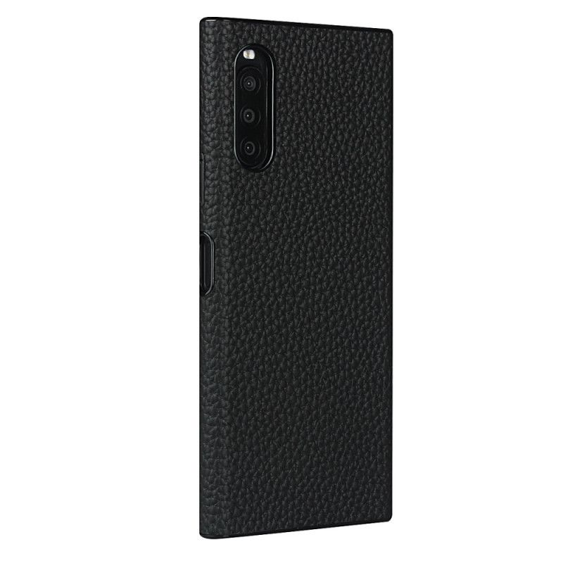 Case Hoesje Sony Xperia 10 II Grijs Zwart Telefoonhoesje Echt Lychee Leer Met Riempje