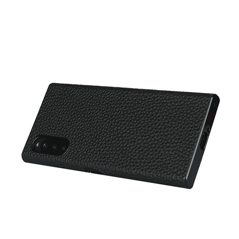 Case Hoesje Sony Xperia 10 II Grijs Zwart Telefoonhoesje Echt Lychee Leer Met Riempje