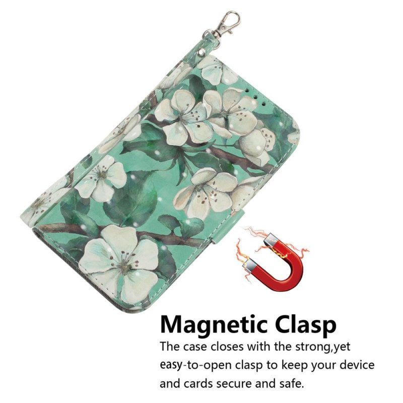 Flip Case voor Honor Magic 5 Lite Met Ketting Witte Bloemen Met Bandjes