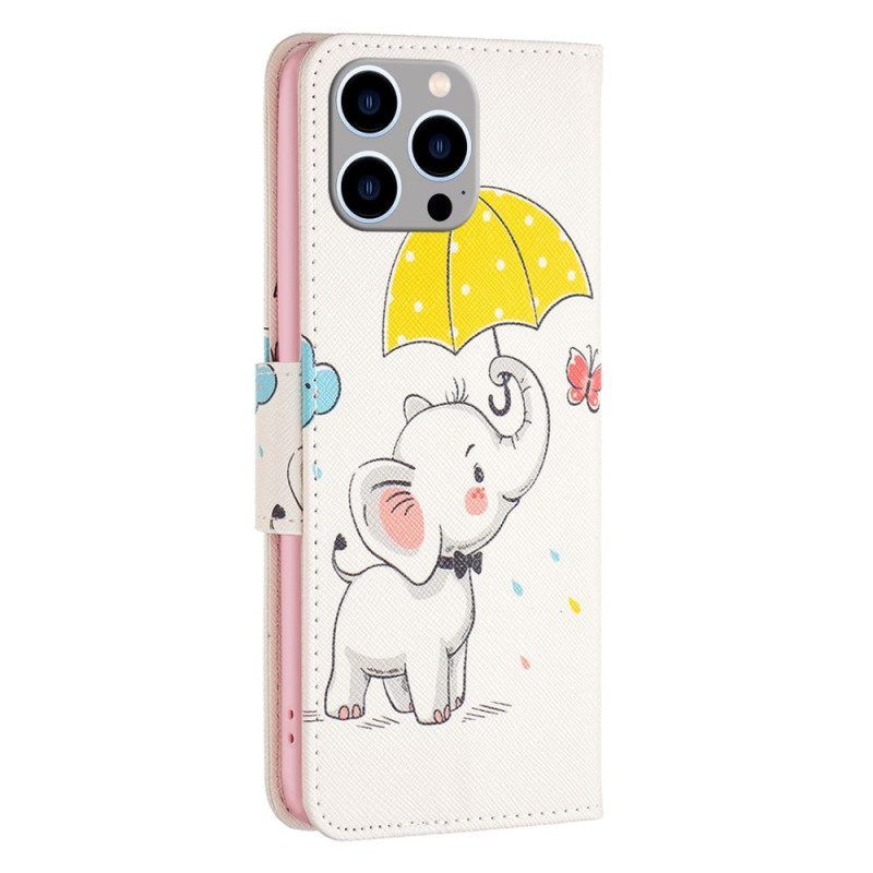 Flip Case voor iPhone 14 Pro Max Olifant In De Regen