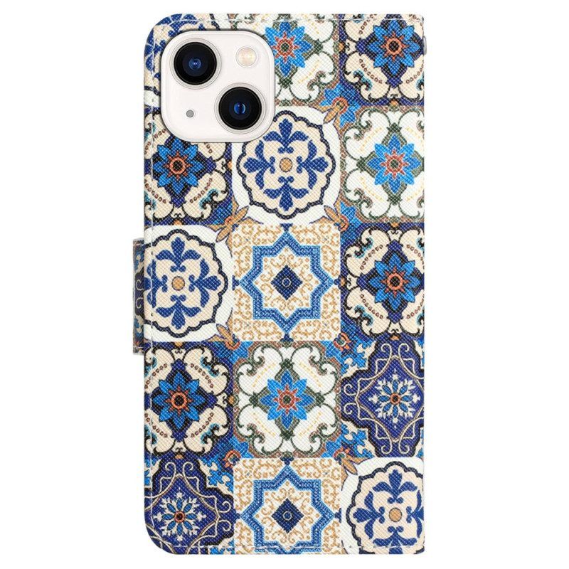 Flip Case voor iPhone 15 Met Ketting Blauw Patchwork Met Riempje