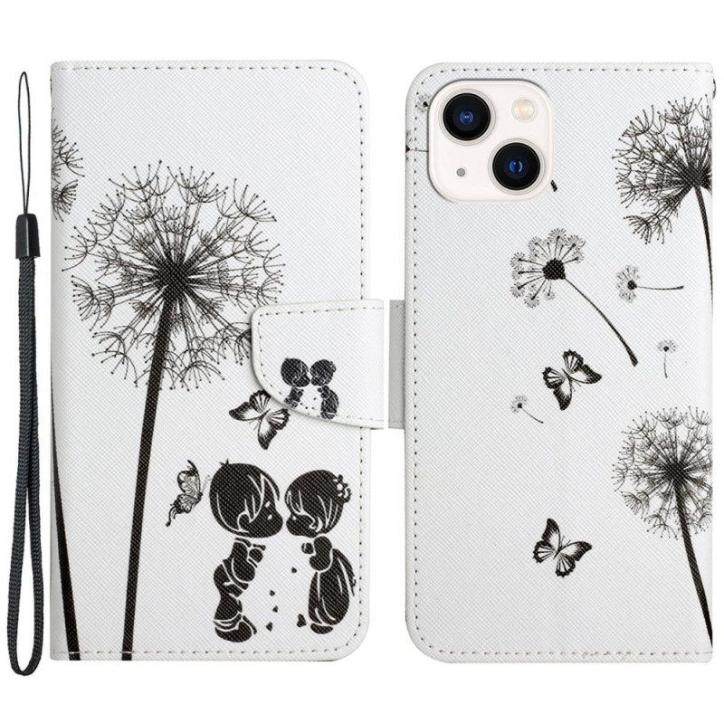 Flip Case voor iPhone 15 Met Ketting Paardenbloem Love Met Riempje