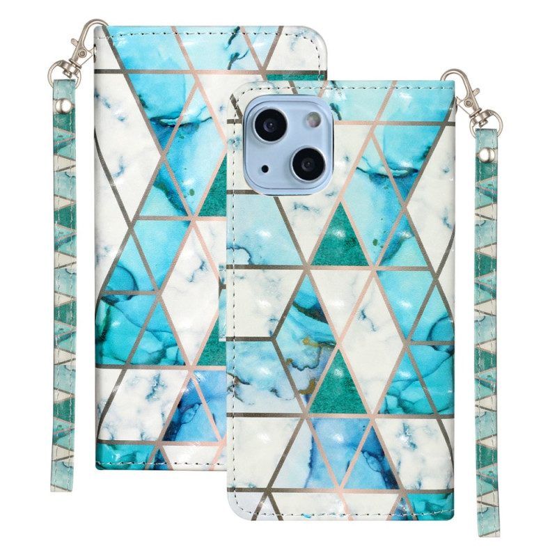 Flip Case voor iPhone 15 Plus Met Ketting 3d Marmer Met Bandje