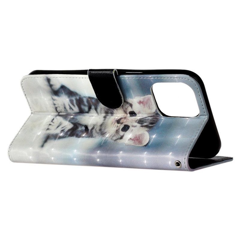 Flip Case voor iPhone 15 Pro Met Ketting 3d Katje Met Riem