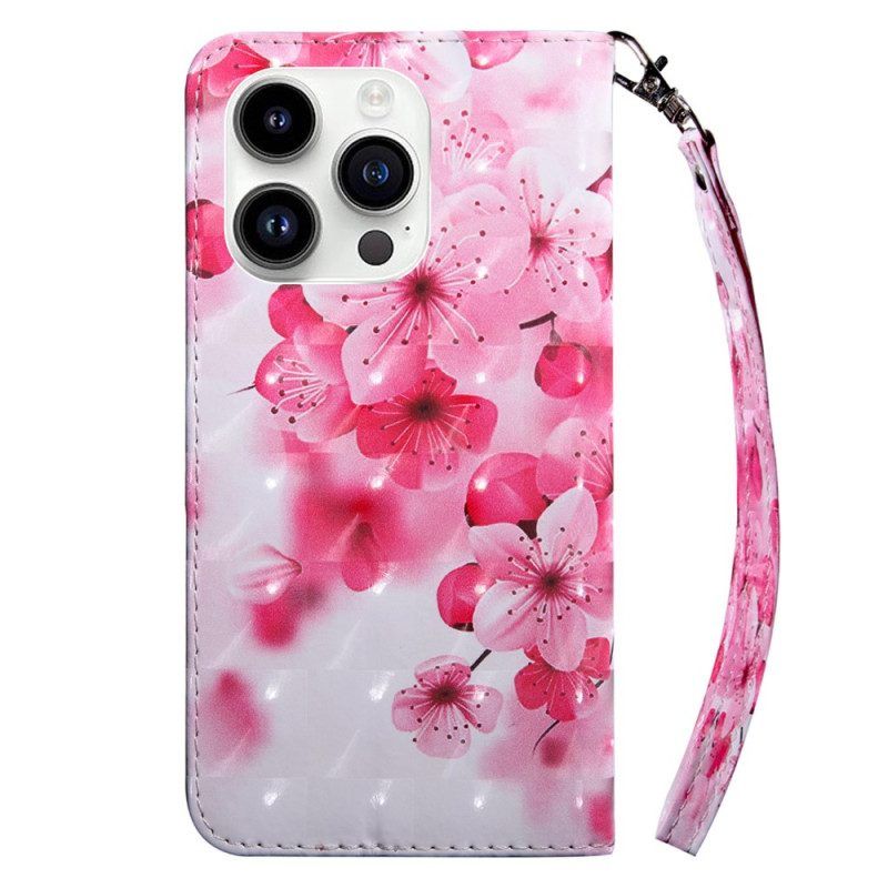 Flip Case voor iPhone 15 Pro Met Ketting Bandje Bloemen