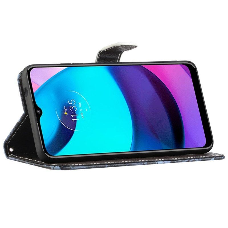 Flip Case voor Moto G71 5G Met Ketting Strappy Zwarte Kattenogen