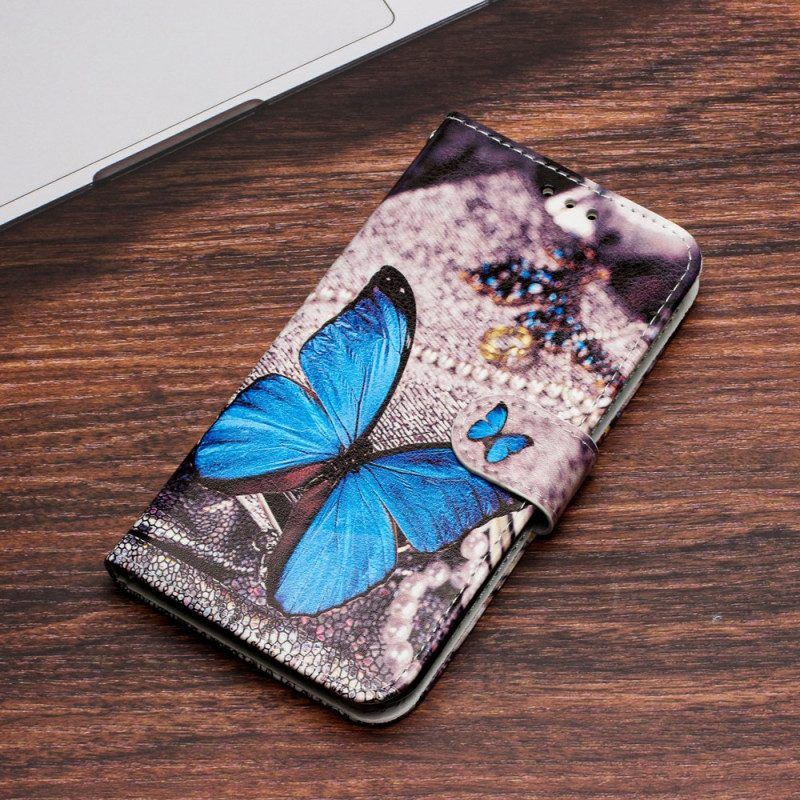 Flip Case voor Moto G73 5G Met Ketting Kostbare Blauwe Vlinder Met Riem