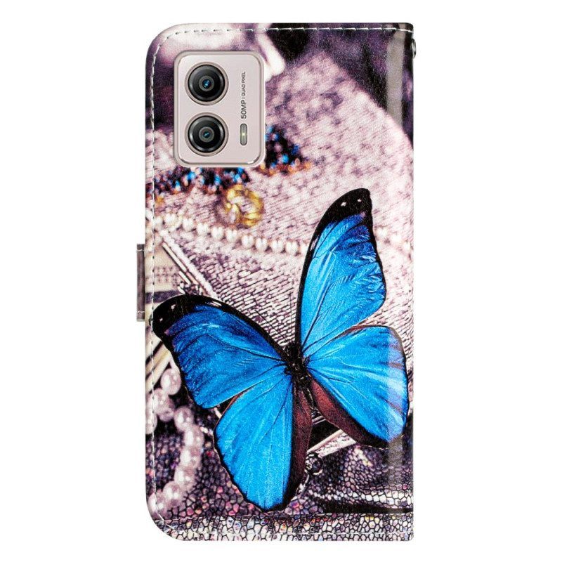 Flip Case voor Moto G73 5G Met Ketting Kostbare Blauwe Vlinder Met Riem