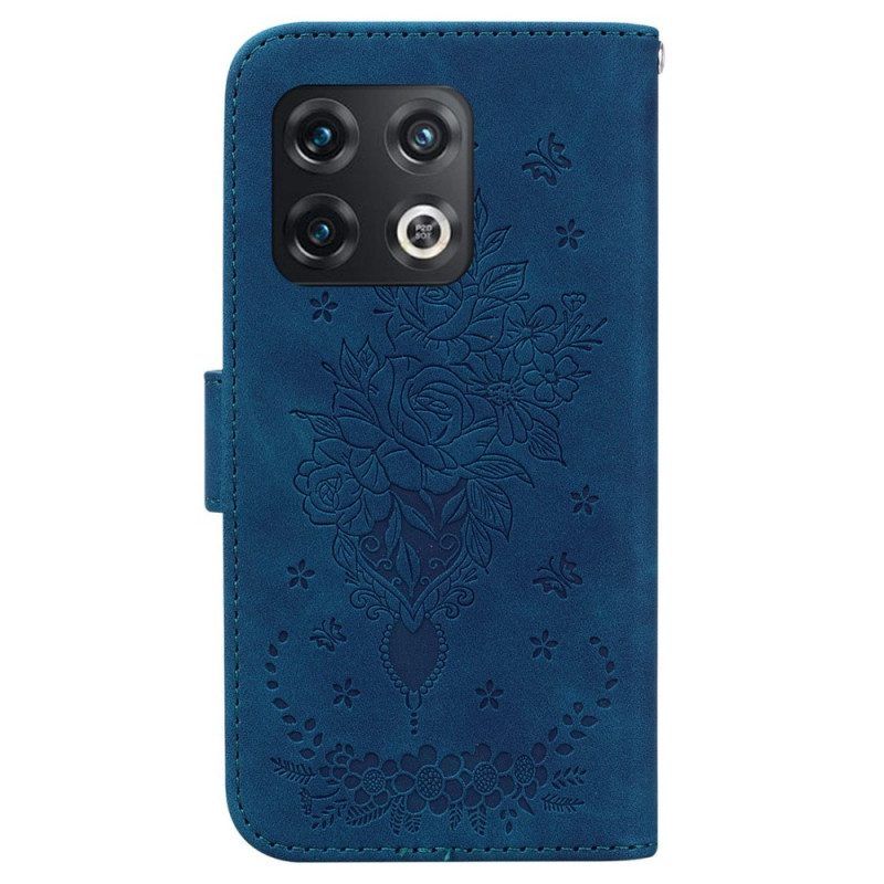 Flip Case voor OnePlus 10 Pro 5G Met Ketting Strappy Rozen En Vlinders