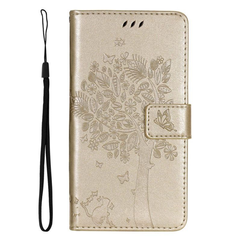 Flip Case voor Oppo Reno 8 Met Ketting Boom En Strappy Cat