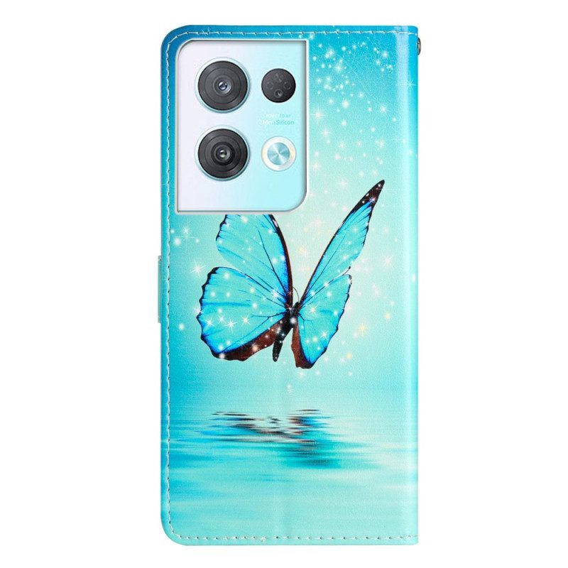 Flip Case voor Oppo Reno 8 Pro Met Ketting Blauwe Vlinders Met Riem