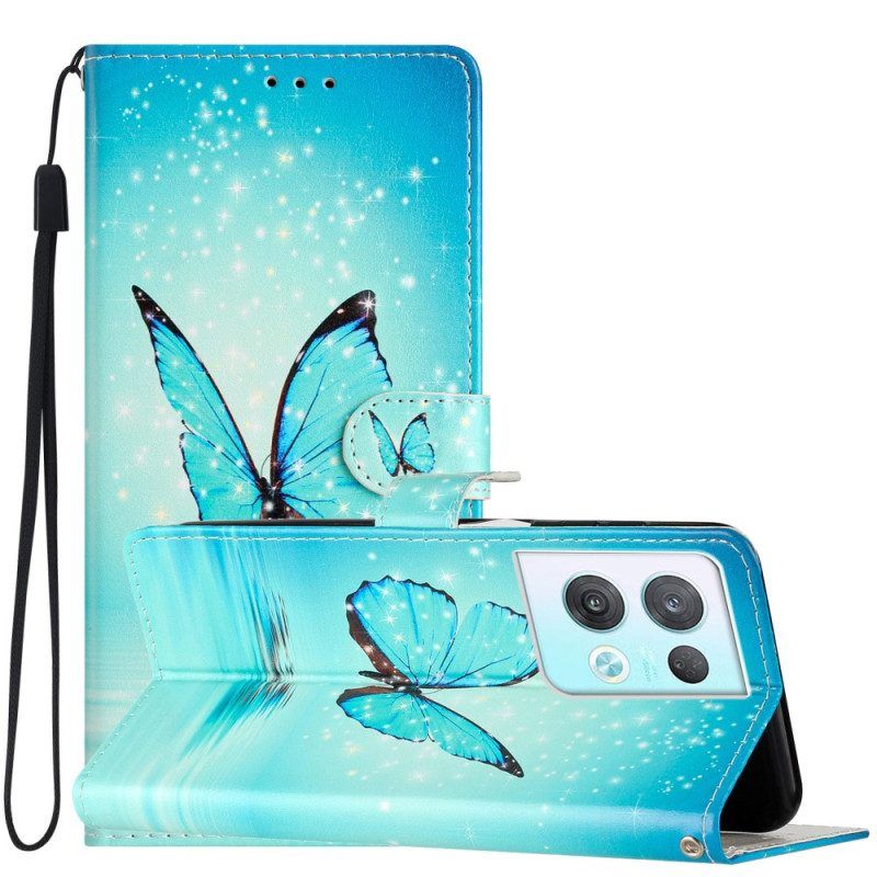 Flip Case voor Oppo Reno 8 Pro Met Ketting Blauwe Vlinders Met Riem