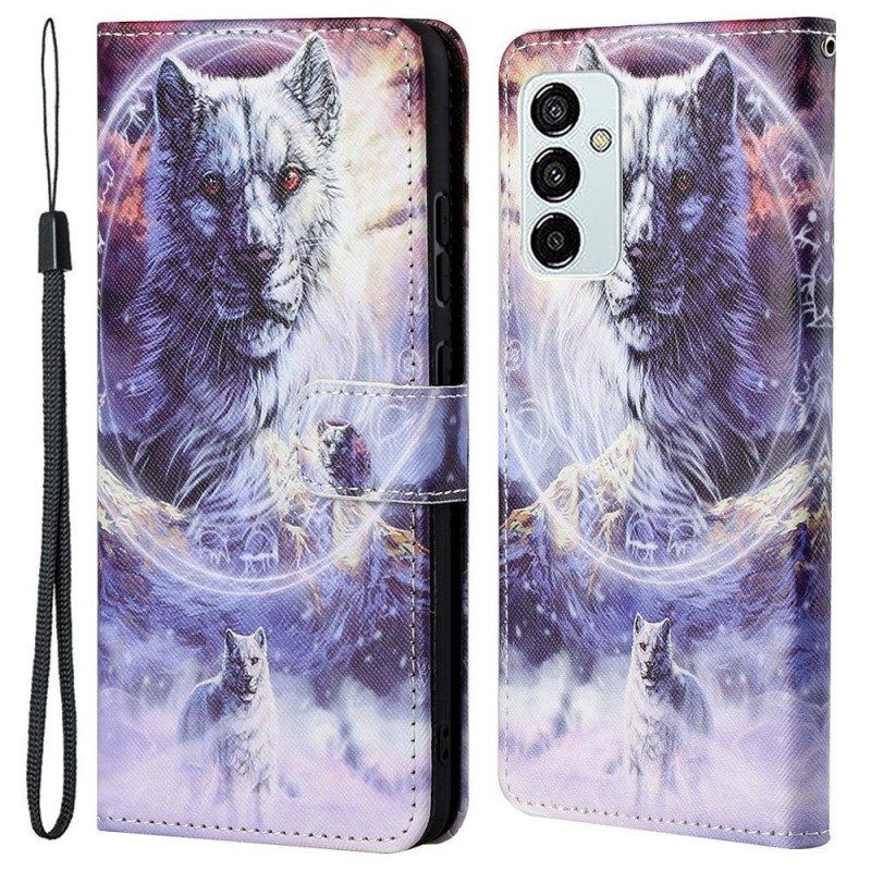 Flip Case voor Samsung Galaxy M23 5G Met Ketting Lanyard Wolf