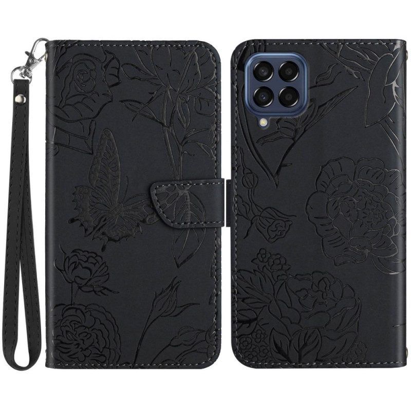 Flip Case voor Samsung Galaxy M53 5G Discrete Vlinders En Lanyard