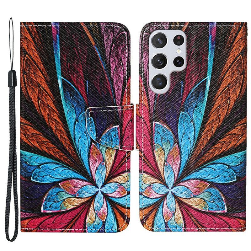 Flip Case voor Samsung Galaxy S22 Ultra 5G Gekleurde Vellen Met Koord