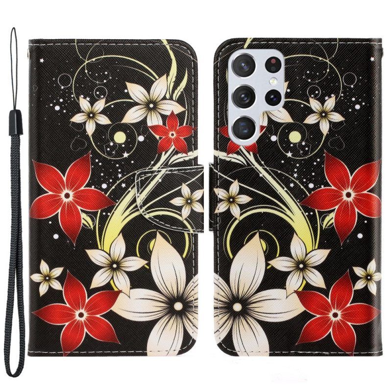 Flip Case voor Samsung Galaxy S22 Ultra 5G Met Ketting Kleurrijke Strappy Bloemen