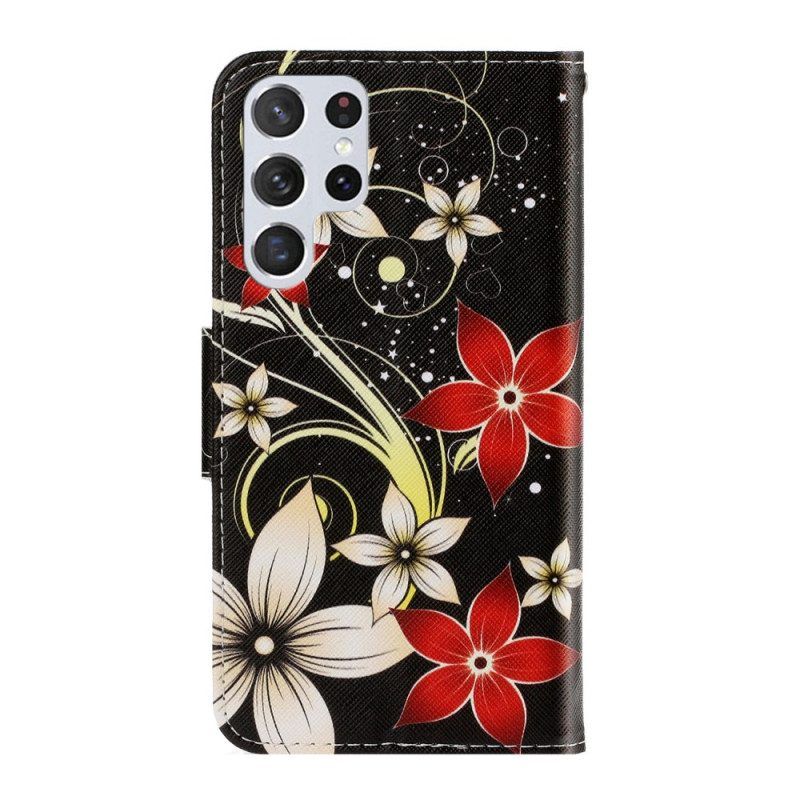 Flip Case voor Samsung Galaxy S22 Ultra 5G Met Ketting Kleurrijke Strappy Bloemen