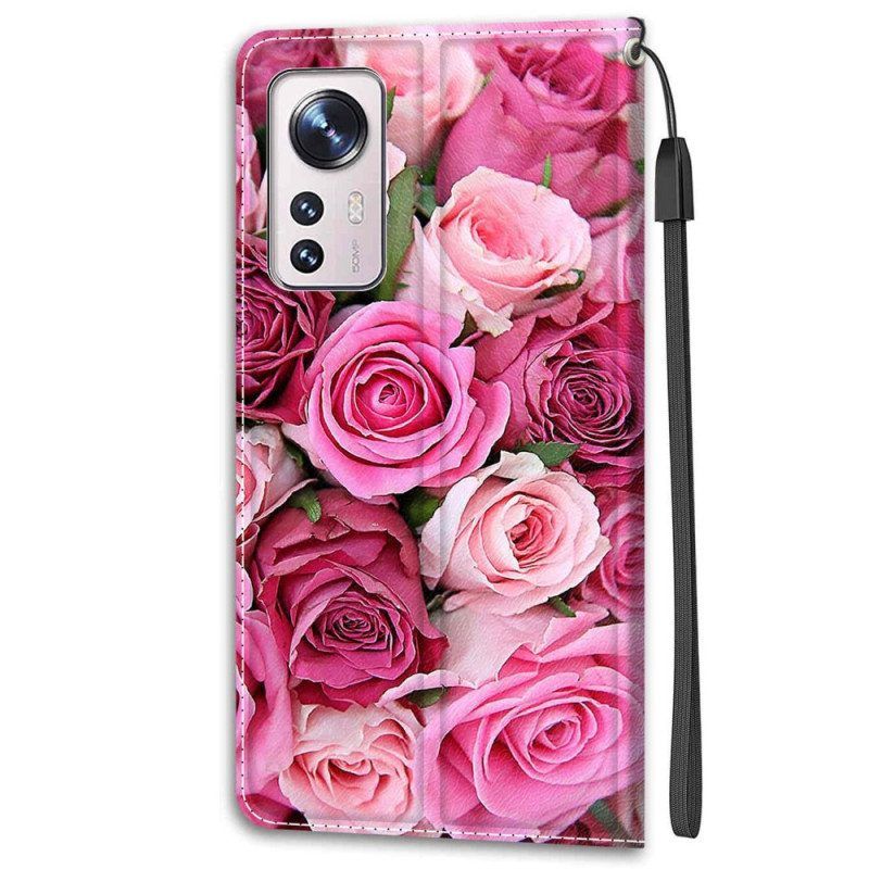 Flip Case voor Xiaomi 12 / 12X Met Ketting Strakke Bloemen