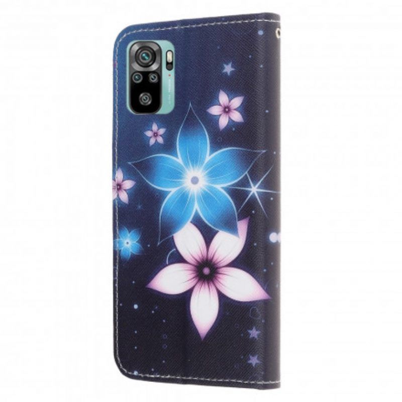 Flip Case voor Xiaomi Redmi Note 10 / 10S Met Ketting Maanband Bloemen