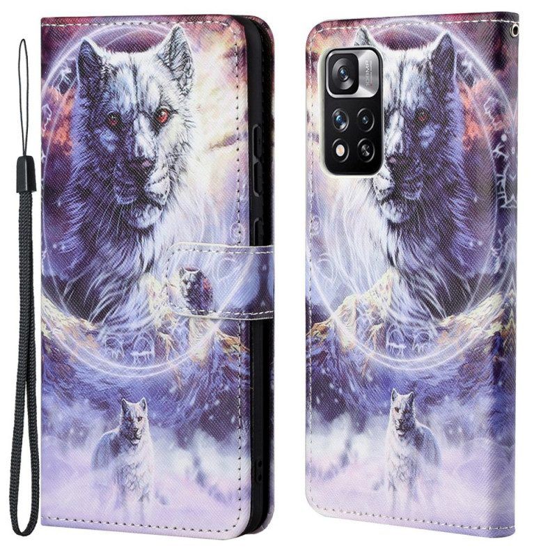 Flip Case voor Xiaomi Redmi Note 11 Pro / 11 Pro 5G Wolf In De Winter Met Sleutelkoord